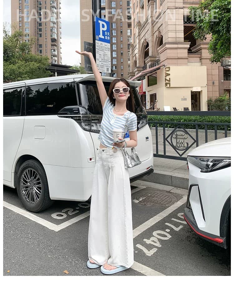 파란색 조정 chic 스트라이프 짧은 맨위 여성 여름 새로운 작은 키 다용도 긍정적 인 어깨 반팔 t 상세 이미지 1
