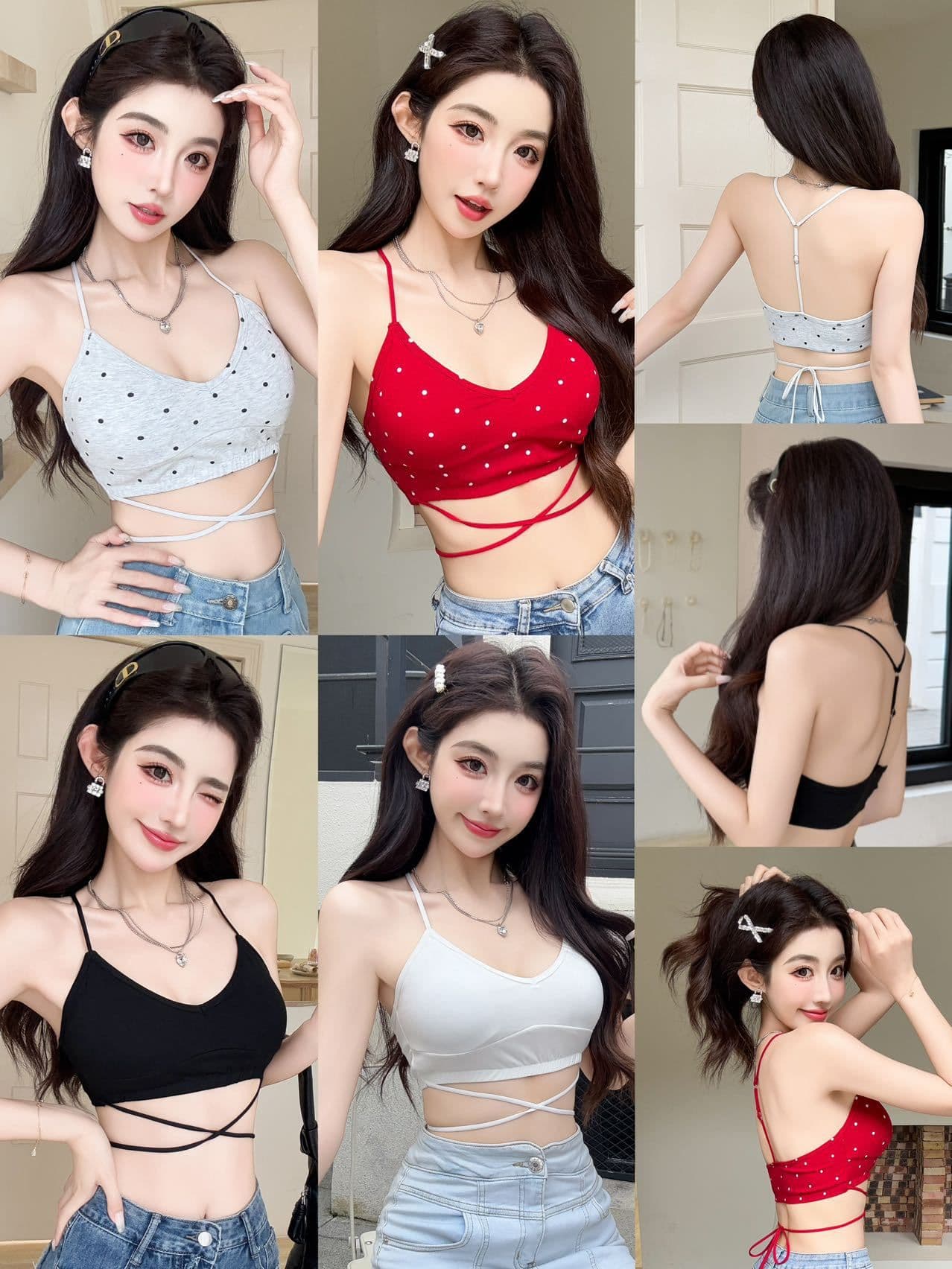 여름 새로운 섹시함 V넥 도트 무늬 프린트 포장 가슴 아름다움 뒤로 십자가 스트랩 디자인 고정 벨트 가슴 패드 상세 이미지 1
