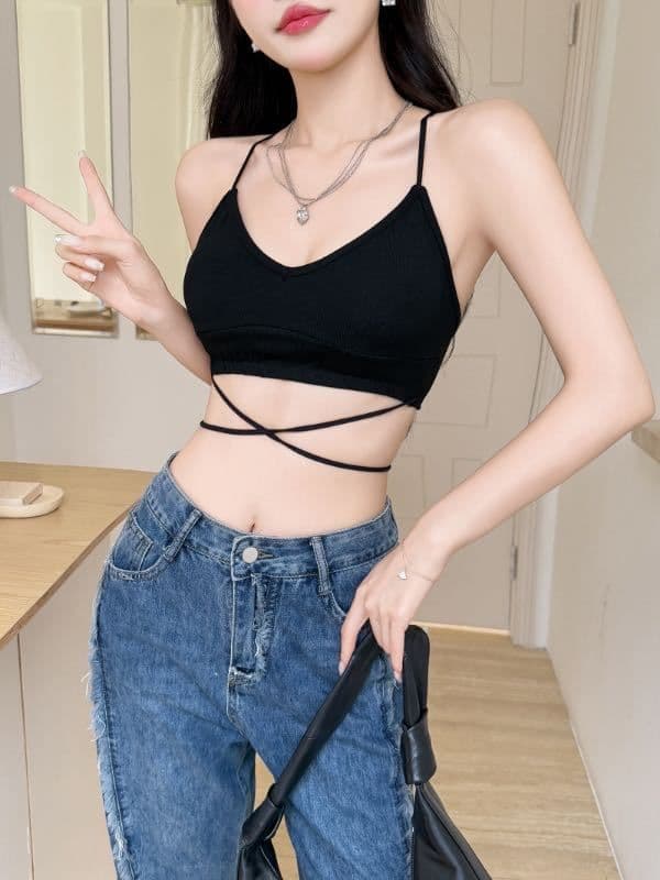 여름 새로운 섹시함 V넥 도트 무늬 프린트 포장 가슴 아름다움 뒤로 십자가 스트랩 디자인 고정 벨트 가슴 패드 상세 이미지 17