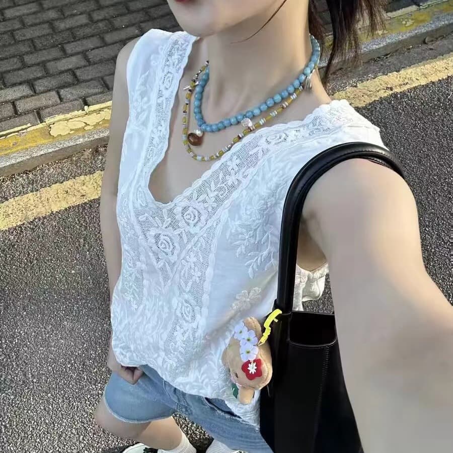 작은 대중 레트로 레이스 자카드 패치워크 캐주얼 문예 V넥 민소매 조끼 맨위 여성 여름 이미지 5
