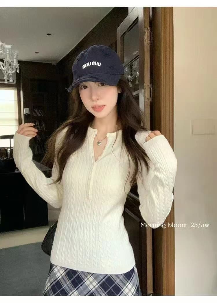 가을 겨울 한국 스타일 품격 반 개방 칼라 꽈배기 단추 디자인 앤디 플러시 니트 기본 셔츠 스웨터 이미지 3
