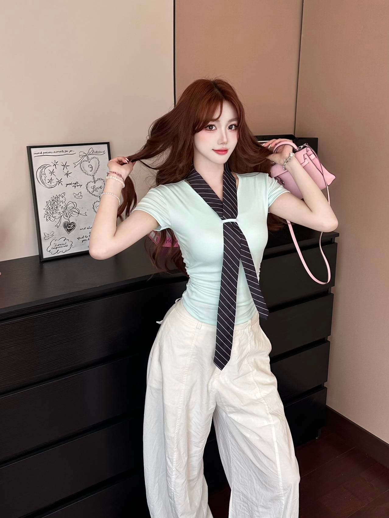 아메리칸 레트로 학원 스타일 V넥 스트라이프 넥타이 반팔 벨트 가슴 패드 상세 이미지 20