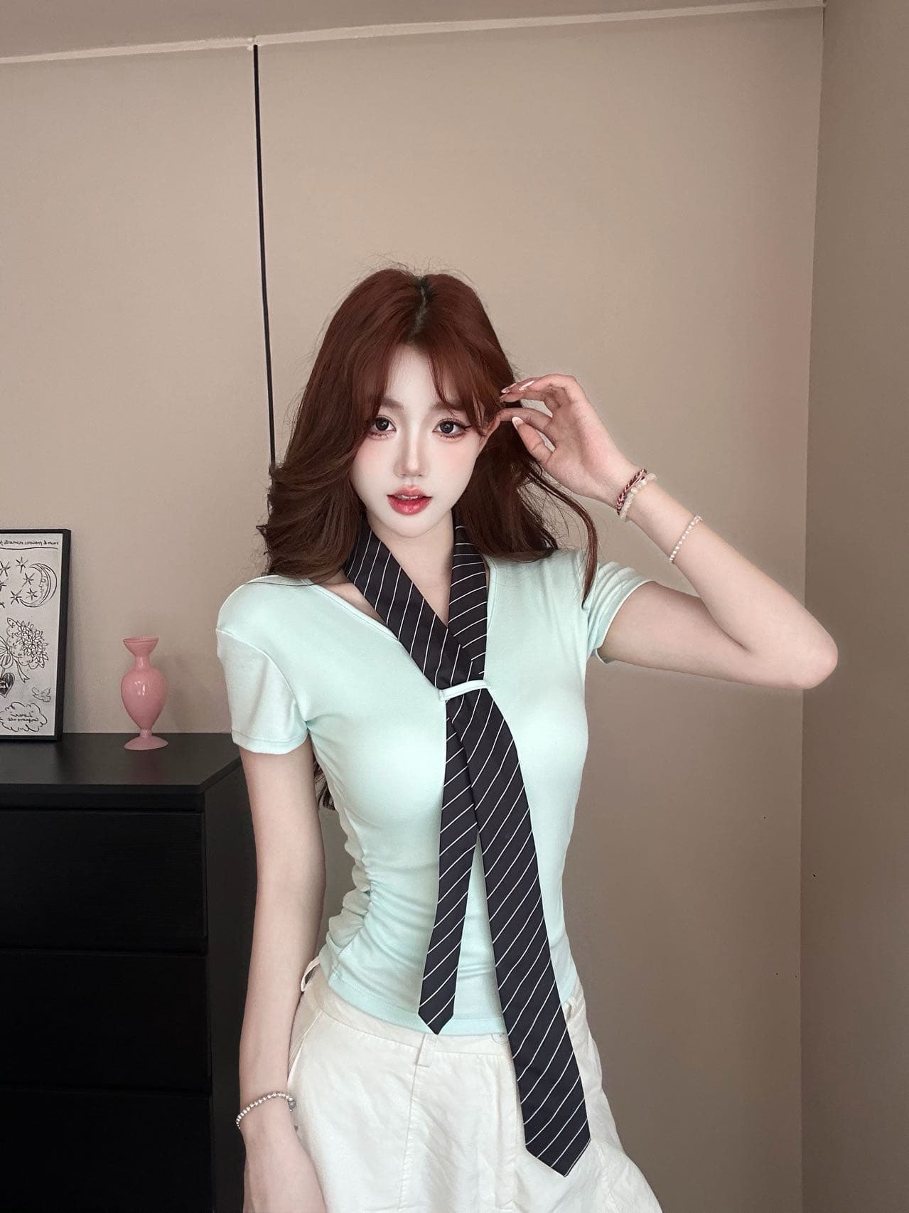 아메리칸 레트로 학원 스타일 V넥 스트라이프 넥타이 반팔 벨트 가슴 패드 상세 이미지 22