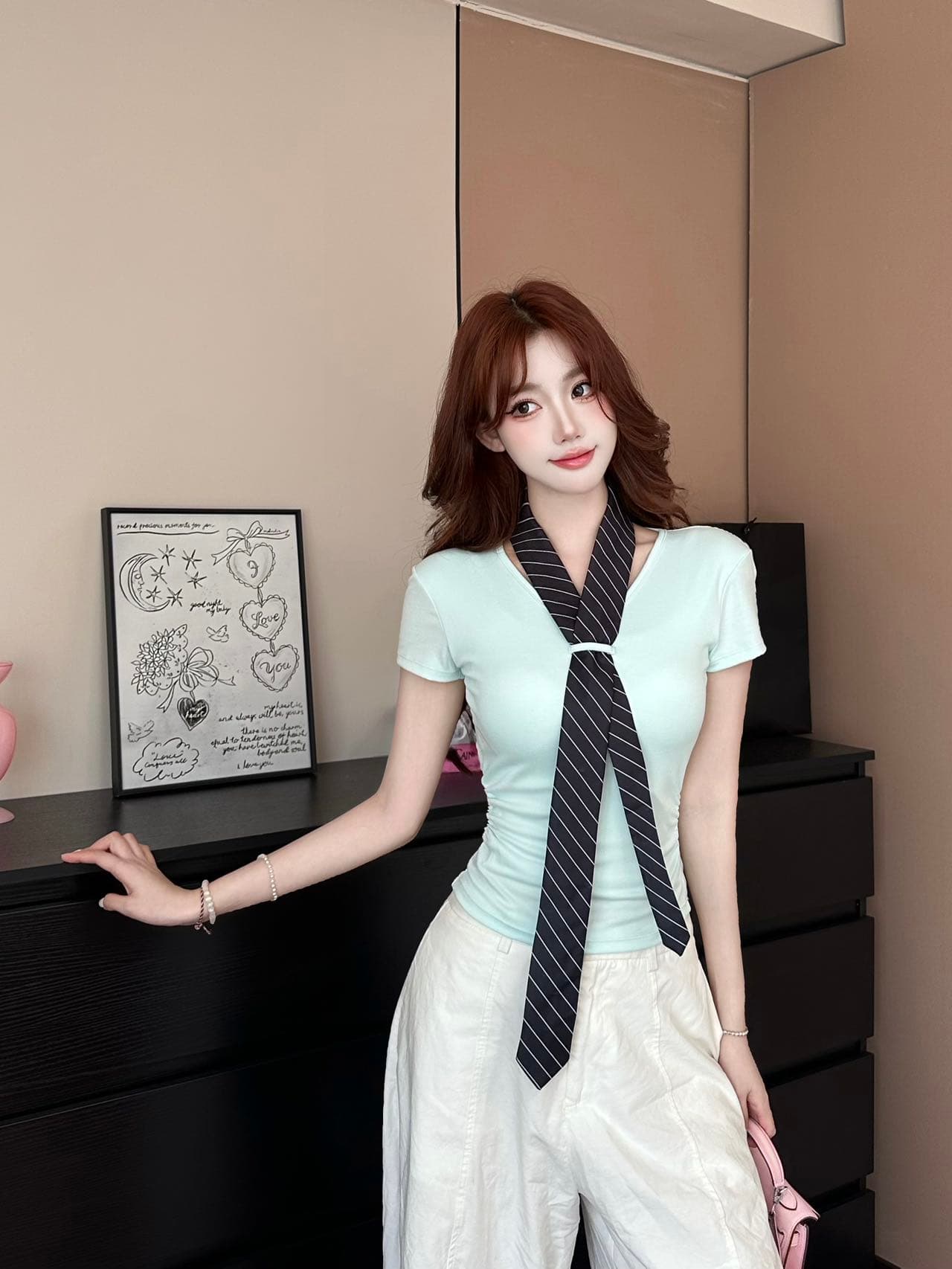 아메리칸 레트로 학원 스타일 V넥 스트라이프 넥타이 반팔 벨트 가슴 패드 상세 이미지 24