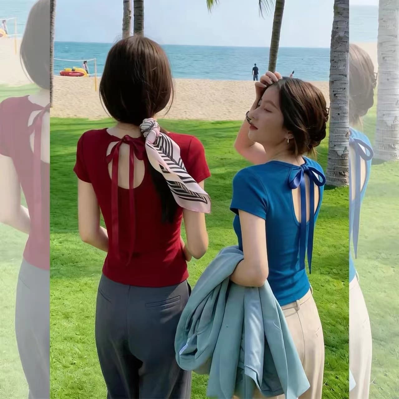 장 베이 베이 ibell 나비 매듭 스트랩 u 종류 홀로우 아웃 긍정적 인 어깨 몸매 가꾸기 반팔 t 여성 슬림해 보이는 라운드 넥 쇼트 스타일 맨위 상세 이미지 7