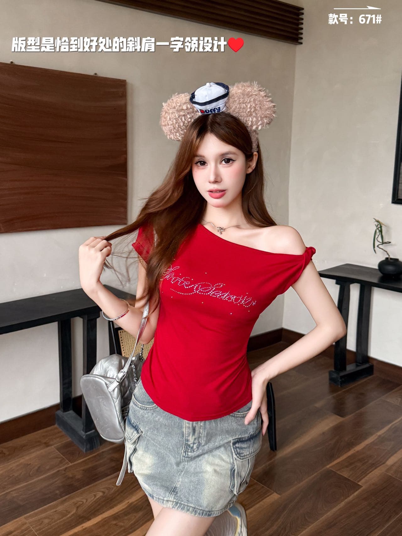 한 부서 무거운 작업 핫픽스 비틀림 비스듬한 어깨 반팔 티셔츠 여성 디자인 센스 허리 수축 다용도 오프숄더 맨위 이미지 2