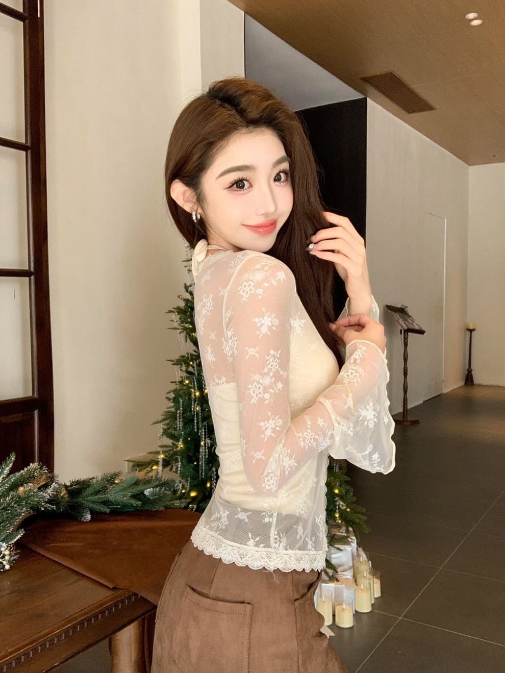 레트로 레이스 바람 셔츠 V넥 비틀림 페이크 레이어드 나팔 소매 몸매 가꾸기 인사이드 가져 가라. 여성 새로운 짧은 맨위 상세 이미지 27