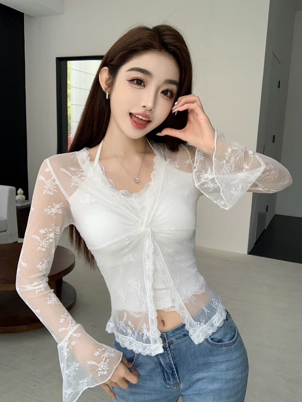 레트로 레이스 바람 셔츠 V넥 비틀림 페이크 레이어드 나팔 소매 몸매 가꾸기 인사이드 가져 가라. 여성 새로운 짧은 맨위 상세 이미지 35