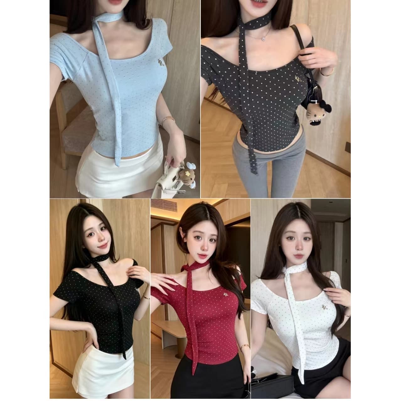 아메리칸 레트로 핫걸 이슬 쇄골 반팔 티셔츠 여성 여름 순수한 욕망 bm 몸매 가꾸기 쇼트 스타일 맨위 상세 이미지 1