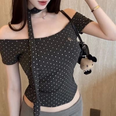 아메리칸 레트로 핫걸 이슬 쇄골 반팔 티셔츠 여성 여름 순수한 욕망 bm 몸매 가꾸기 쇼트 스타일 맨위 상세 이미지 6