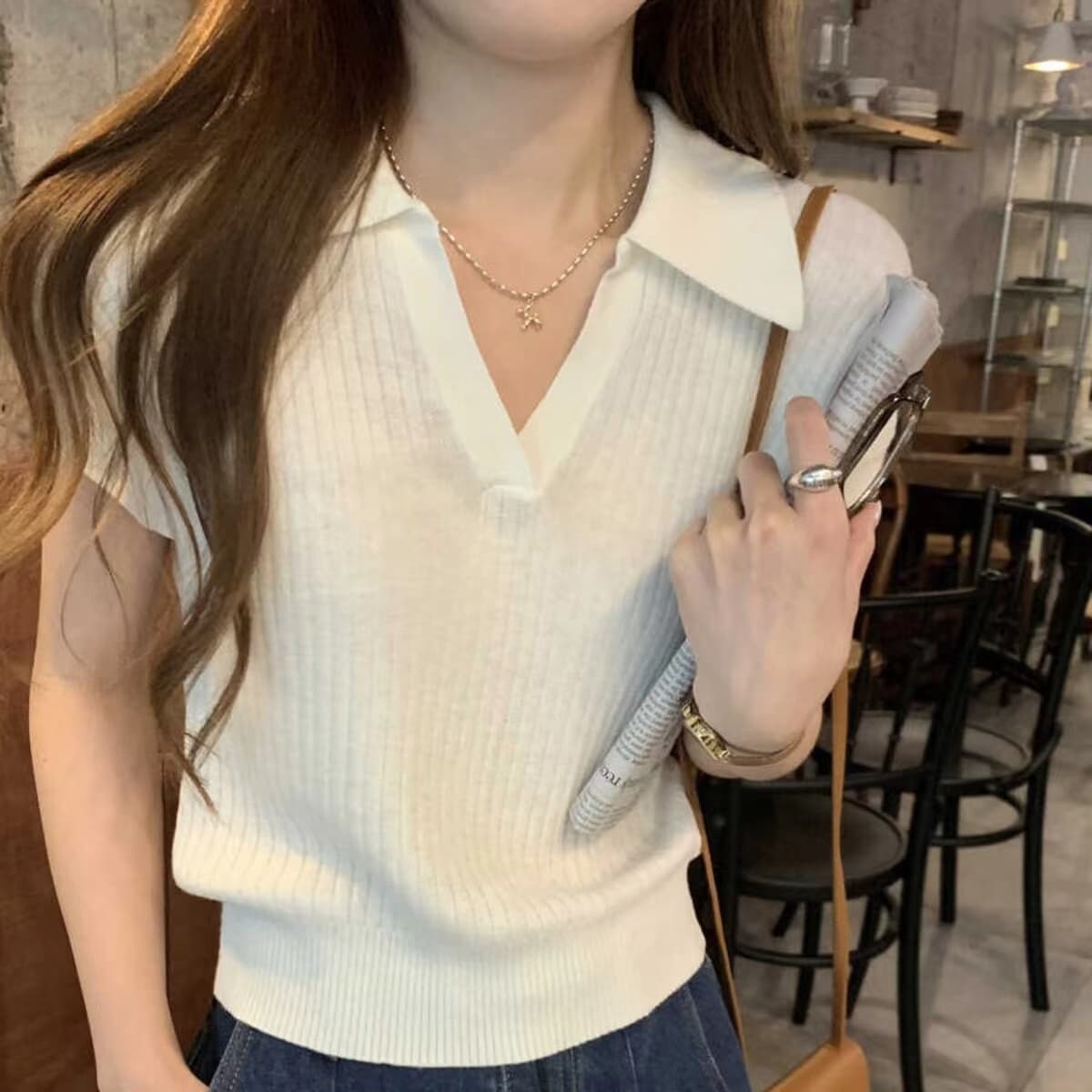 순수한 욕망 POLO 칼라 핫걸 디자인 센스 반팔 맨위 여성 의류 여름 새로운 고유 한 Chic 아름다운 니트 티셔츠 상세 이미지 20
