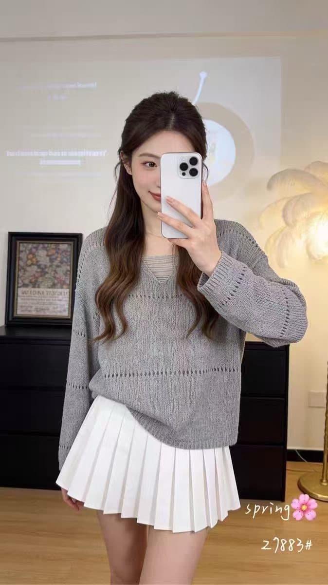 한국 동대문 홀로우 아웃 부드러운 바람 느긋한 바람 V넥 홀로우 아웃 디자인 고급 센스 니트 스웨터 여성 봄 여름 얇은 스타일 상세 이미지 15