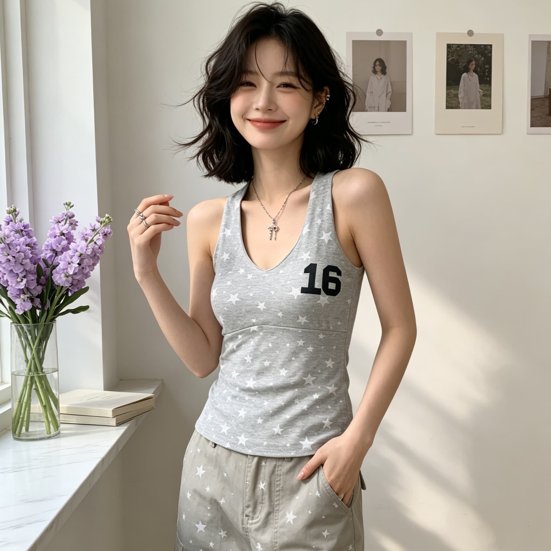 여름 아메리칸 레트로 핫걸 바람 별 숫자 프린트 행침 목 조끼 여름 새로운 디자인 센스 몸매 가꾸기 맨위 여성 상세 이미지 15