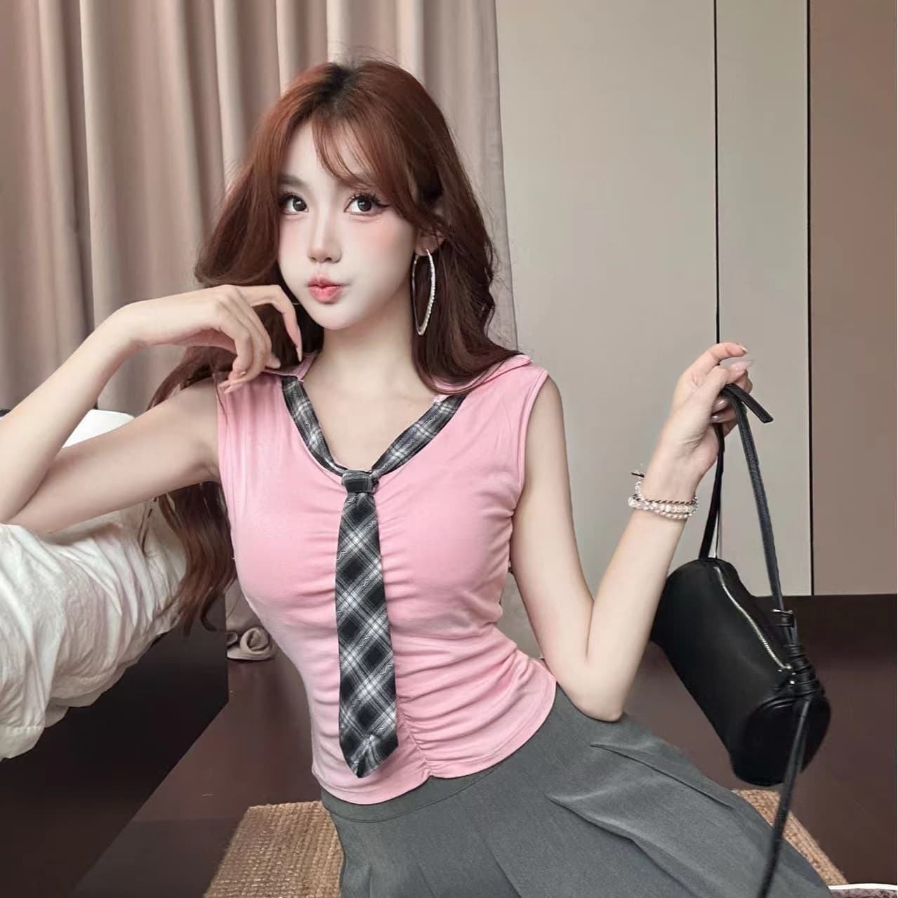 체크무늬 패치워크 넥타이 V넥 민소매 티셔츠 조끼 여성 몸매 가꾸기 허리 수축 핫걸 바람 슬림해 보이는 다용도 맨위 출퇴근 상세 이미지 5