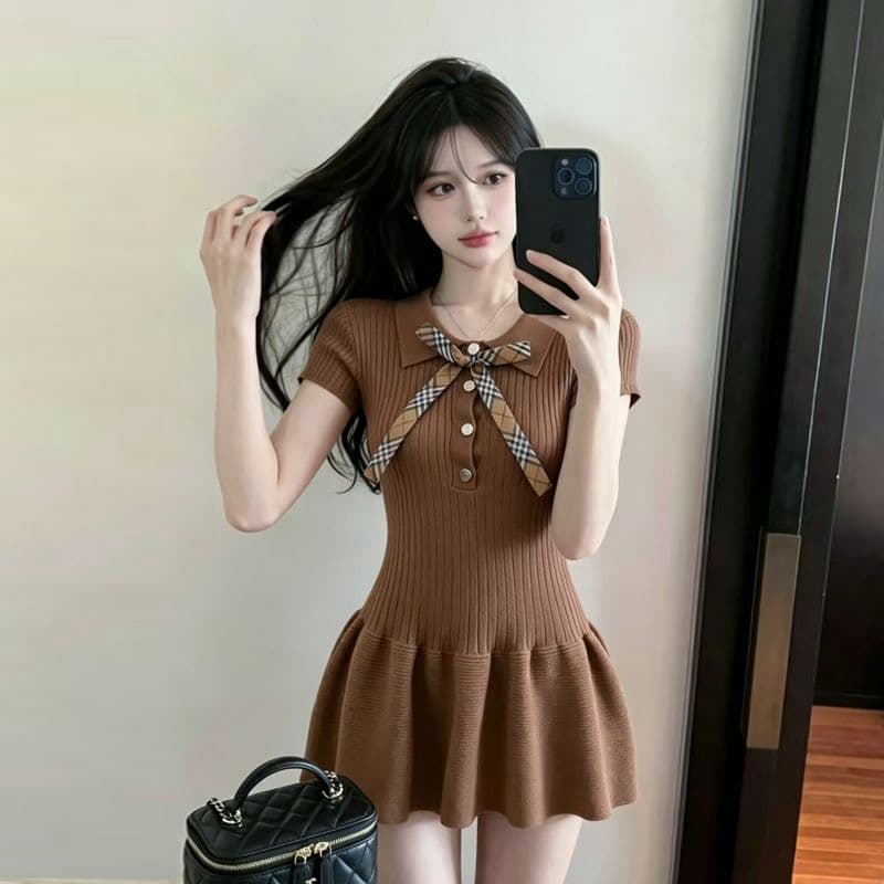 얼음 차가운 실크 프랑스식 학원 POLO 칼라 니트 반팔 드레스 나비 매듭 몸매 가꾸기 슬림해 보이는 다용도 미니 스커트 상세 이미지 6