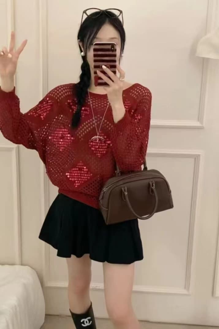 이른 가을 새로운 한국 스타일 느긋한 바람 낚시 그물 홀로우 아웃 스팽글 배색 루즈핏 박쥐 셔츠 긴팔 맨위 여성 상세 이미지 21