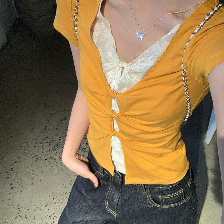 한 부서 핫걸 페이크 레이어드 도트 무늬 레이스 반팔 티셔츠 여성 여름 몸매 가꾸기 디자인 센스 작은 대중 슬림해 보이는 맨위 트렌디 상세 이미지 8