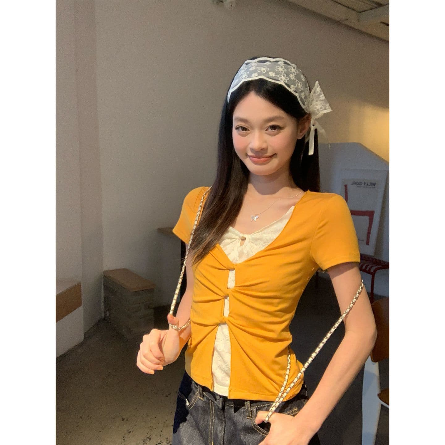 한 부서 핫걸 페이크 레이어드 도트 무늬 레이스 반팔 티셔츠 여성 여름 몸매 가꾸기 디자인 센스 작은 대중 슬림해 보이는 맨위 트렌디 상세 이미지 10