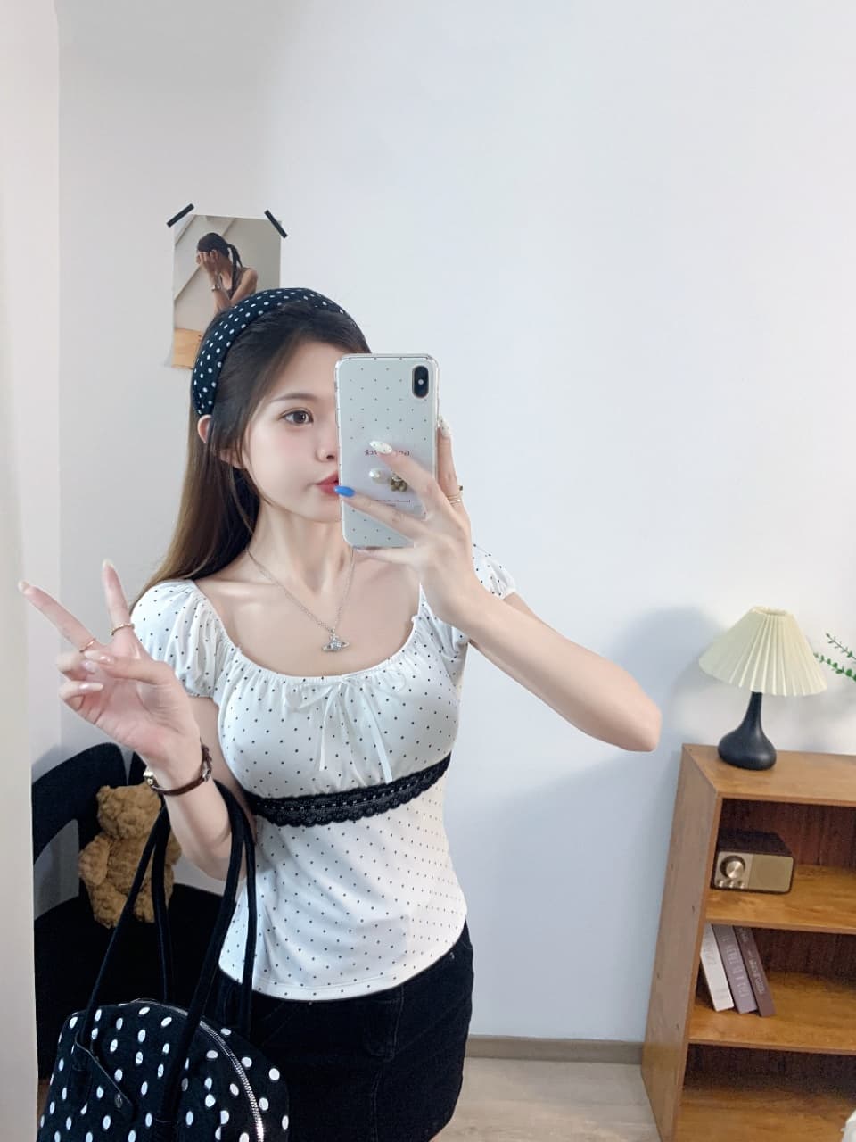나비 매듭 디자인 도트 무늬 레이스 조각 스퀘어 입 칼라 티셔츠 거품 소매 화이트 몸매 가꾸기 짧은 맨위 트렌드 다용도 상세 이미지 17