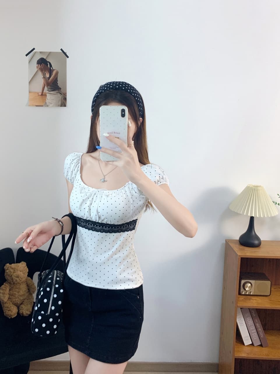 나비 매듭 디자인 도트 무늬 레이스 조각 스퀘어 입 칼라 티셔츠 거품 소매 화이트 몸매 가꾸기 짧은 맨위 트렌드 다용도 상세 이미지 18
