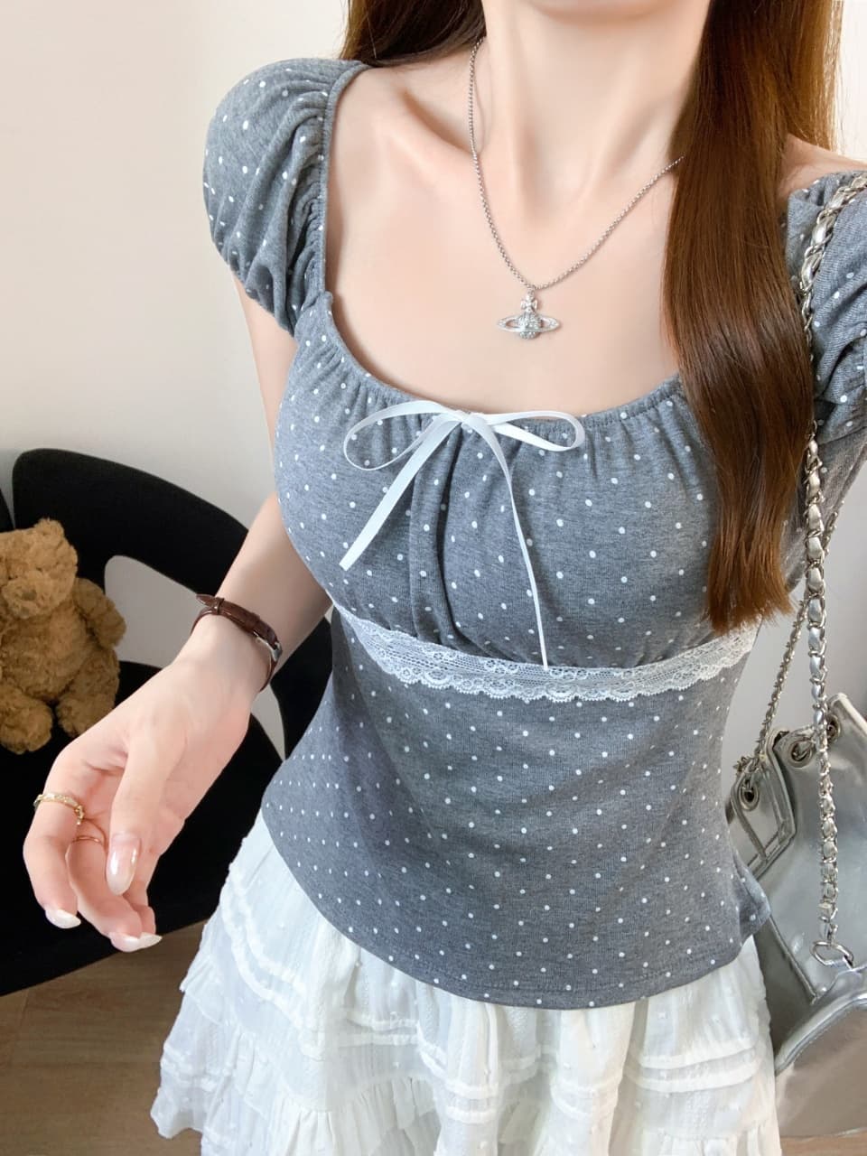 나비 매듭 디자인 도트 무늬 레이스 조각 스퀘어 입 칼라 티셔츠 거품 소매 화이트 몸매 가꾸기 짧은 맨위 트렌드 다용도 상세 이미지 19