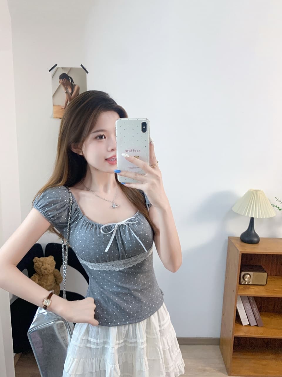 나비 매듭 디자인 도트 무늬 레이스 조각 스퀘어 입 칼라 티셔츠 거품 소매 화이트 몸매 가꾸기 짧은 맨위 트렌드 다용도 상세 이미지 22