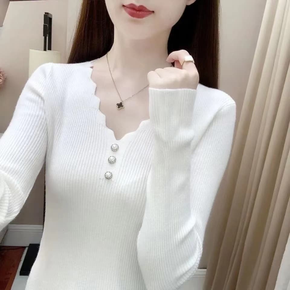여성 V넥 패키지 코어 실 리브 기본 셔츠 2026 봄 가을 빅 사이즈 다용도 인사이드 가져 가라. 긴팔 티셔츠 맨위 작은 셔츠 상세 이미지 8