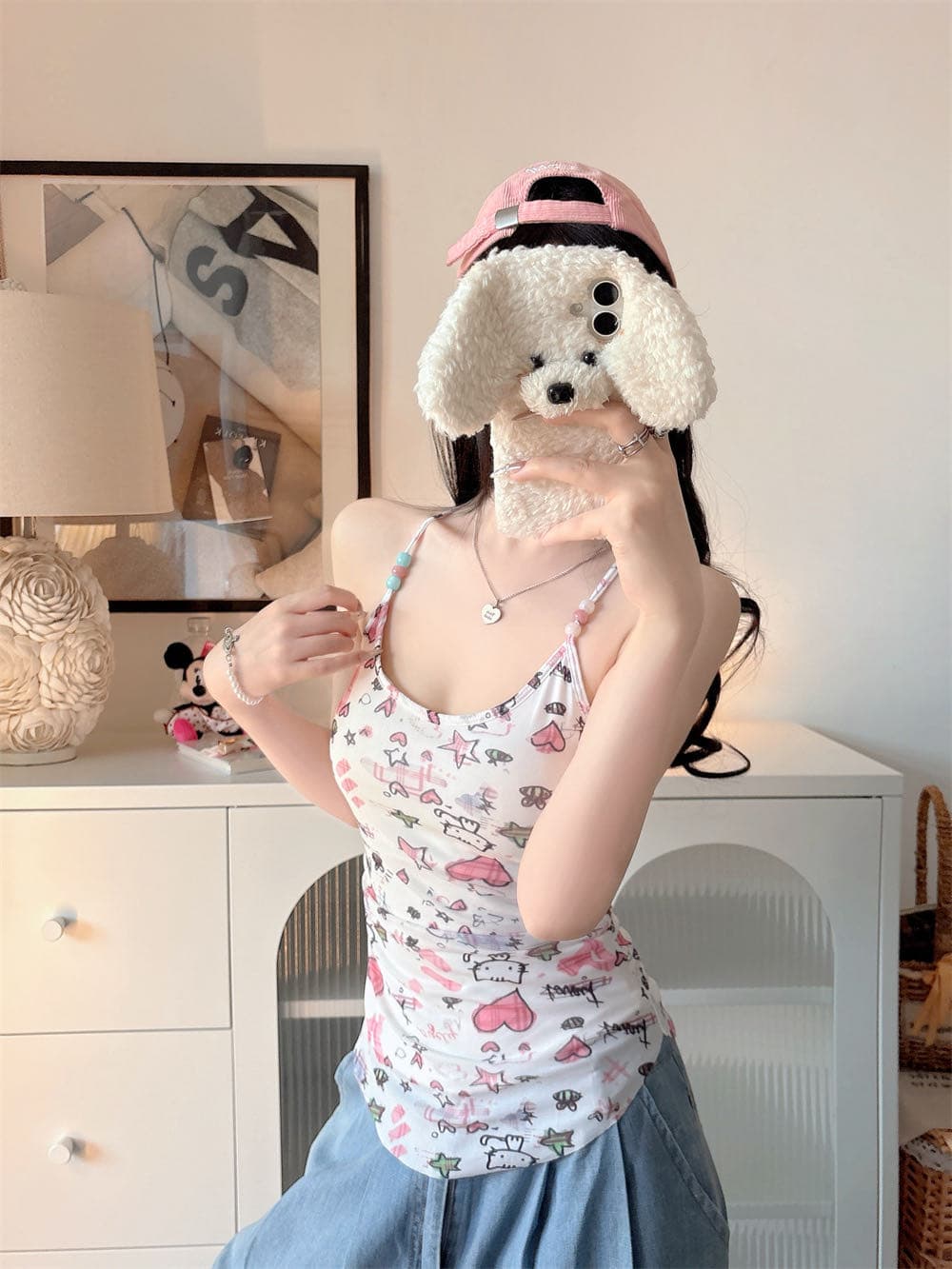 핫걸 낙서 프린트 행침 목 캐미솔 여름 새로운 귀여운 쇼트 스타일 민소매 맨위 상세 이미지 24