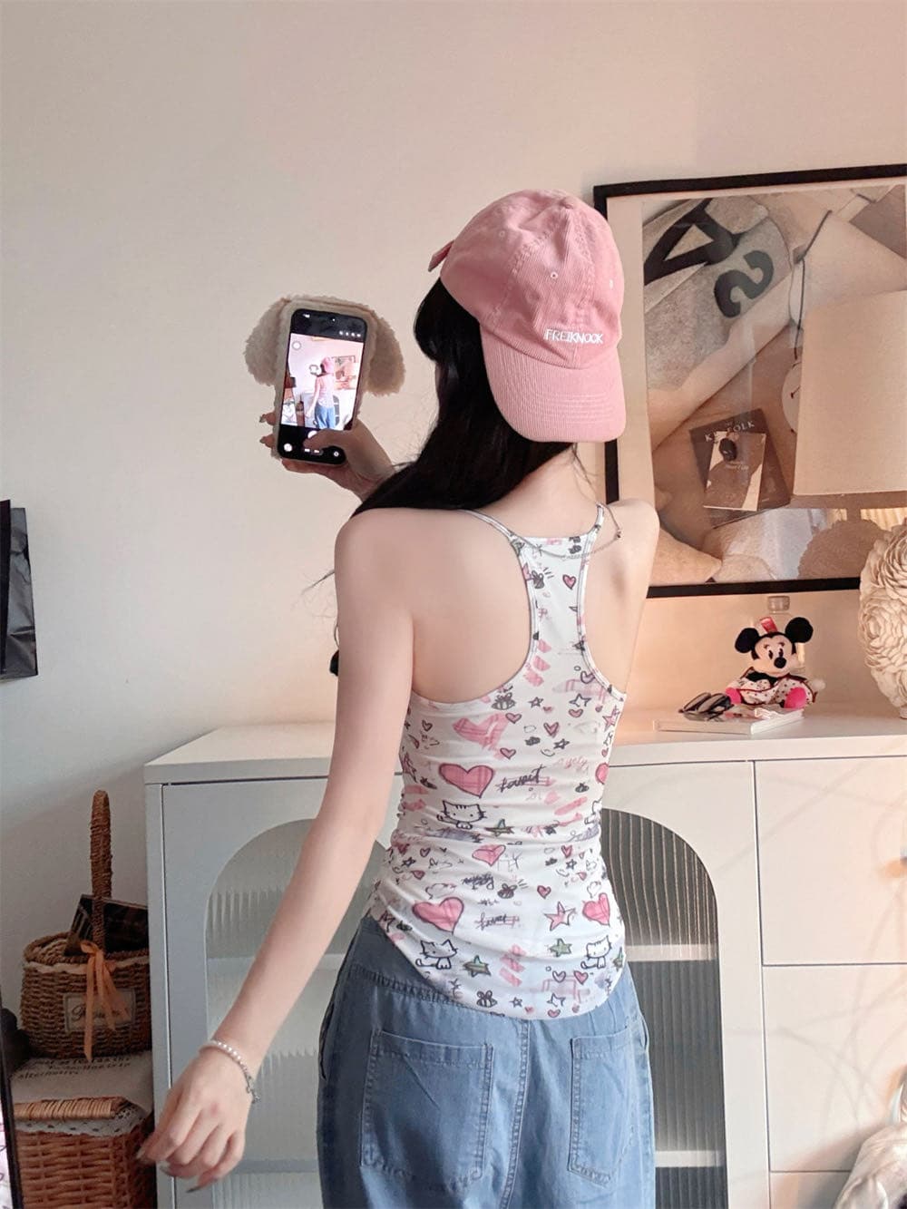 핫걸 낙서 프린트 행침 목 캐미솔 여름 새로운 귀여운 쇼트 스타일 민소매 맨위 상세 이미지 26