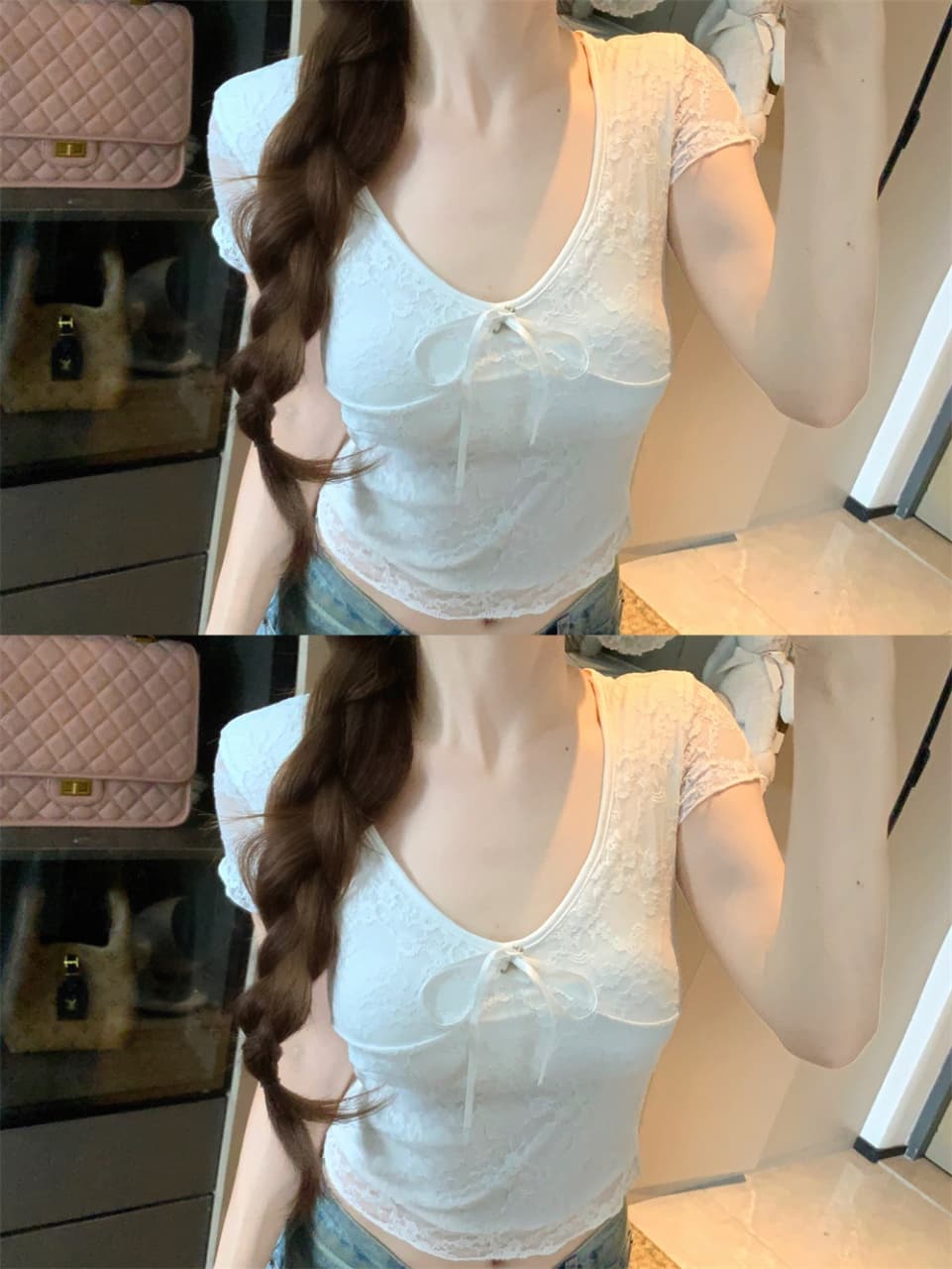 여름 새로운 프랑스식 품격 V넥 몸매 가꾸기 티셔츠 연령 감소 레이스 조각 맨위 여성 상세 이미지 15