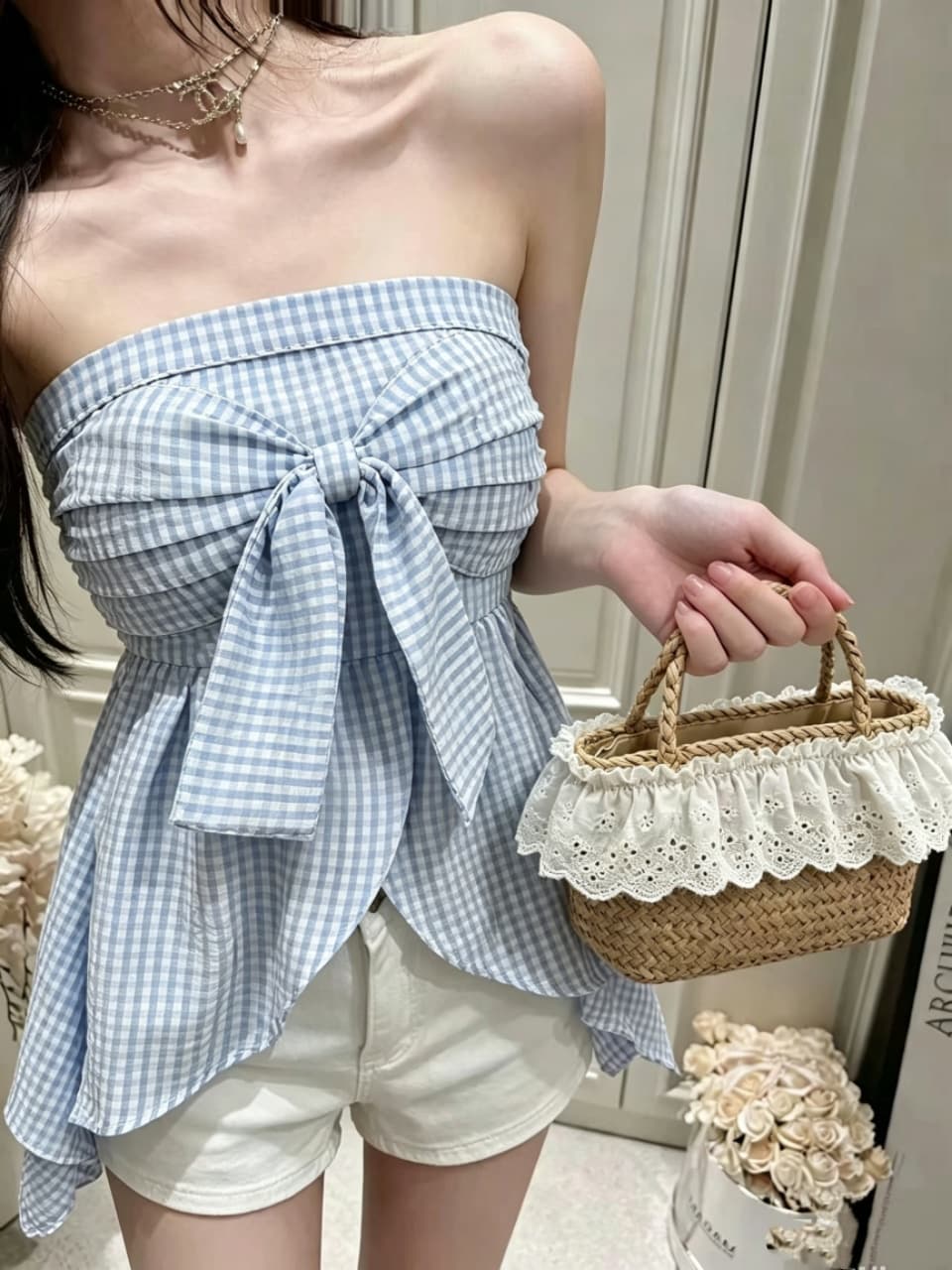 핫걸 나비 매듭 스트라이프 행침 목 튜브탑 조끼 여성 여름 디자인 센스 작은 대중 몸매 가꾸기 슬림해 보이는 외출용 맨위 상세 이미지 8