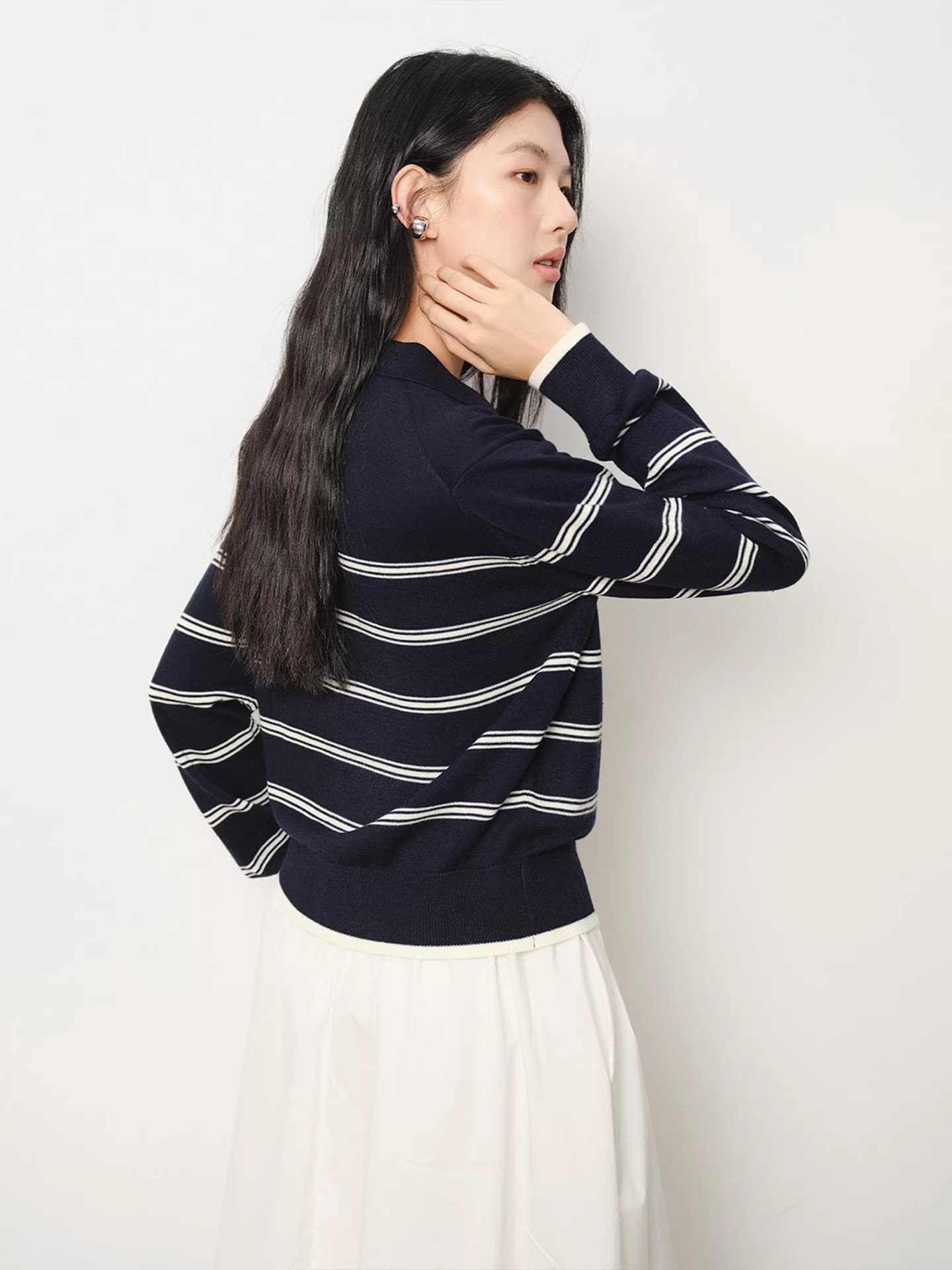 레트로 해군 폴로 칼라 스웨터 니트 오픈 가디건 여성 코트 봄 가을 스택 착용 외부 가져 가라. 배색 스트라이프 맨위 여성 상세 이미지 3