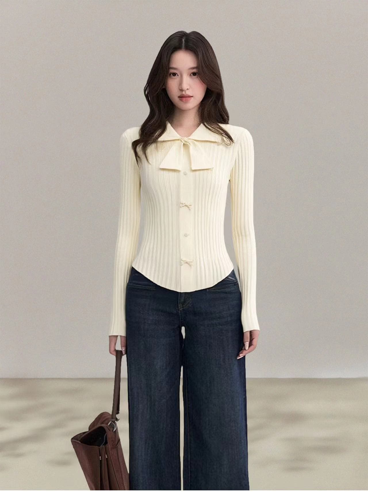 가을 겨울 나비 매듭 POLO 칼라 긴팔 맨위 전체 집합 몸매 가꾸기 여성 만나는 니트 스웨터 스웨터 인사이드 가져 가라.