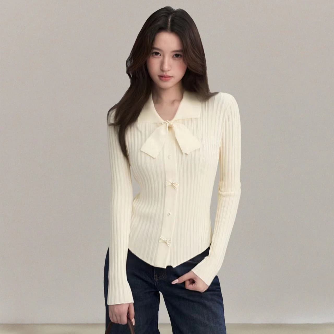 가을 겨울 나비 매듭 POLO 칼라 긴팔 맨위 전체 집합 몸매 가꾸기 여성 만나는 니트 스웨터 스웨터 인사이드 가져 가라. 이미지 5