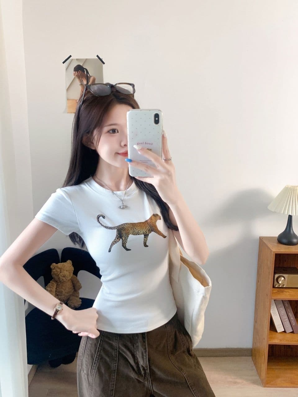 레트로 순면 반팔 맨위 여성 여름 표범 프린트 아메리칸 핫걸 ins 긍정적 인 어깨 다용도 슬림해 보이는 티셔츠 상세 이미지 13
