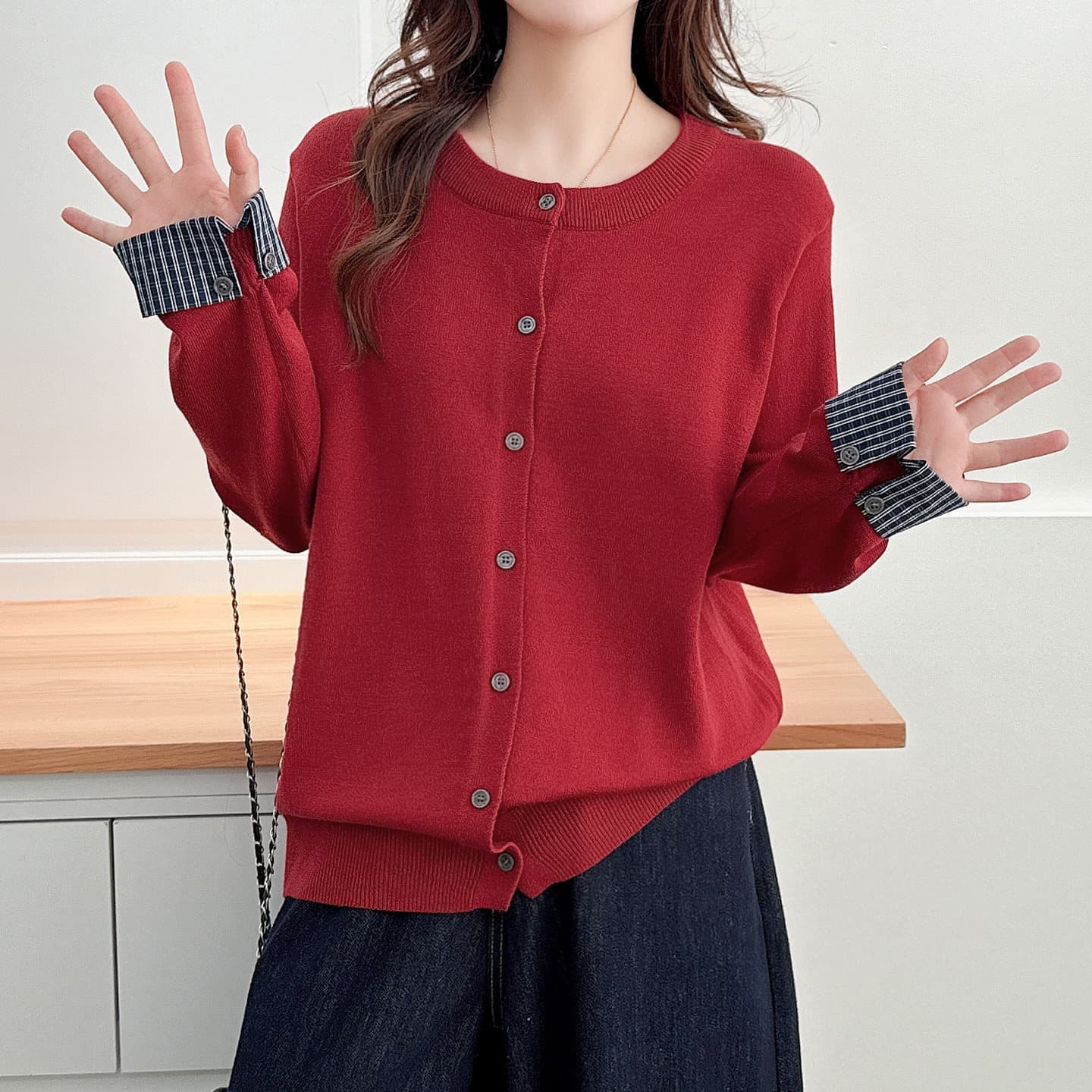 가을 디자인 센스 체크무늬 소매 싸움 패션 연결 라운드 넥 긴팔 다용도 여성 셔츠 오픈 가디건 외부 가져 가라. 상세 이미지 10