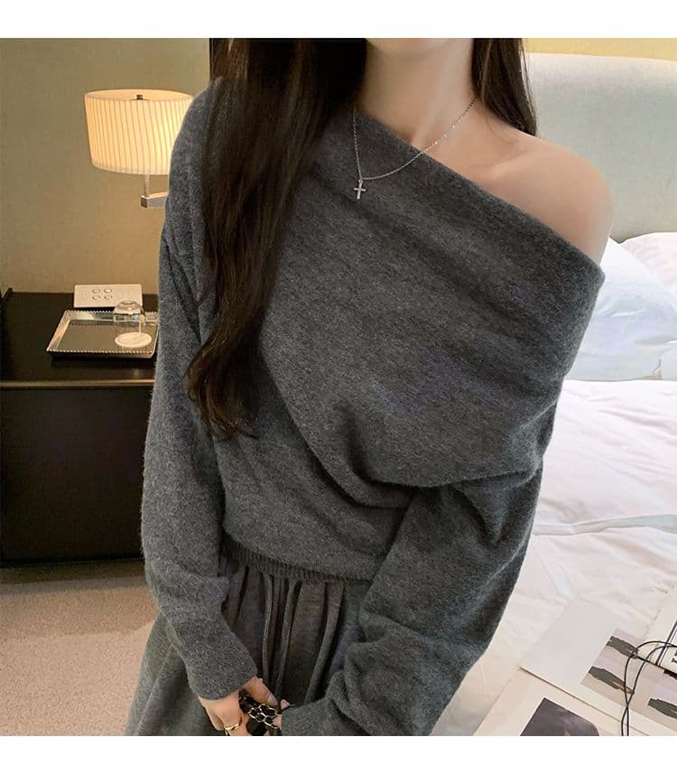 고급 센스 작은 대중 오프숄더 루즈핏 니트 스웨터 여성 봄 가을 2025 새로운 스웨터 느긋한 바람 비스듬한 어깨 의류 상세 이미지 4
