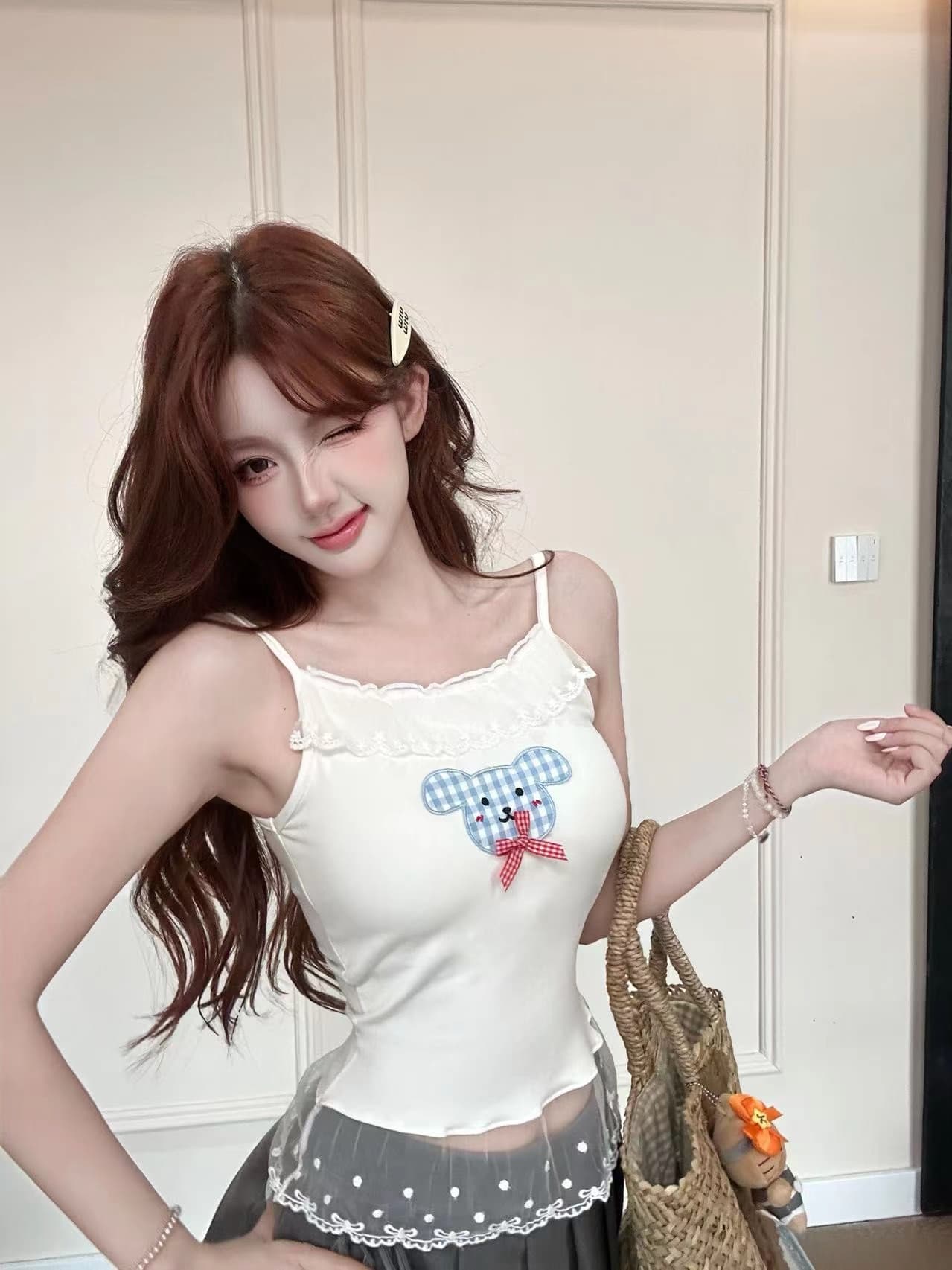 새로운 작은 대중 핫걸 k 만화 프린트 슬립 여성 허리 수축 여름 몸매 가꾸기 슬림해 보이는 벨트 가슴 패드 인사이드 가져 가라. 튜브탑 상세 이미지 2