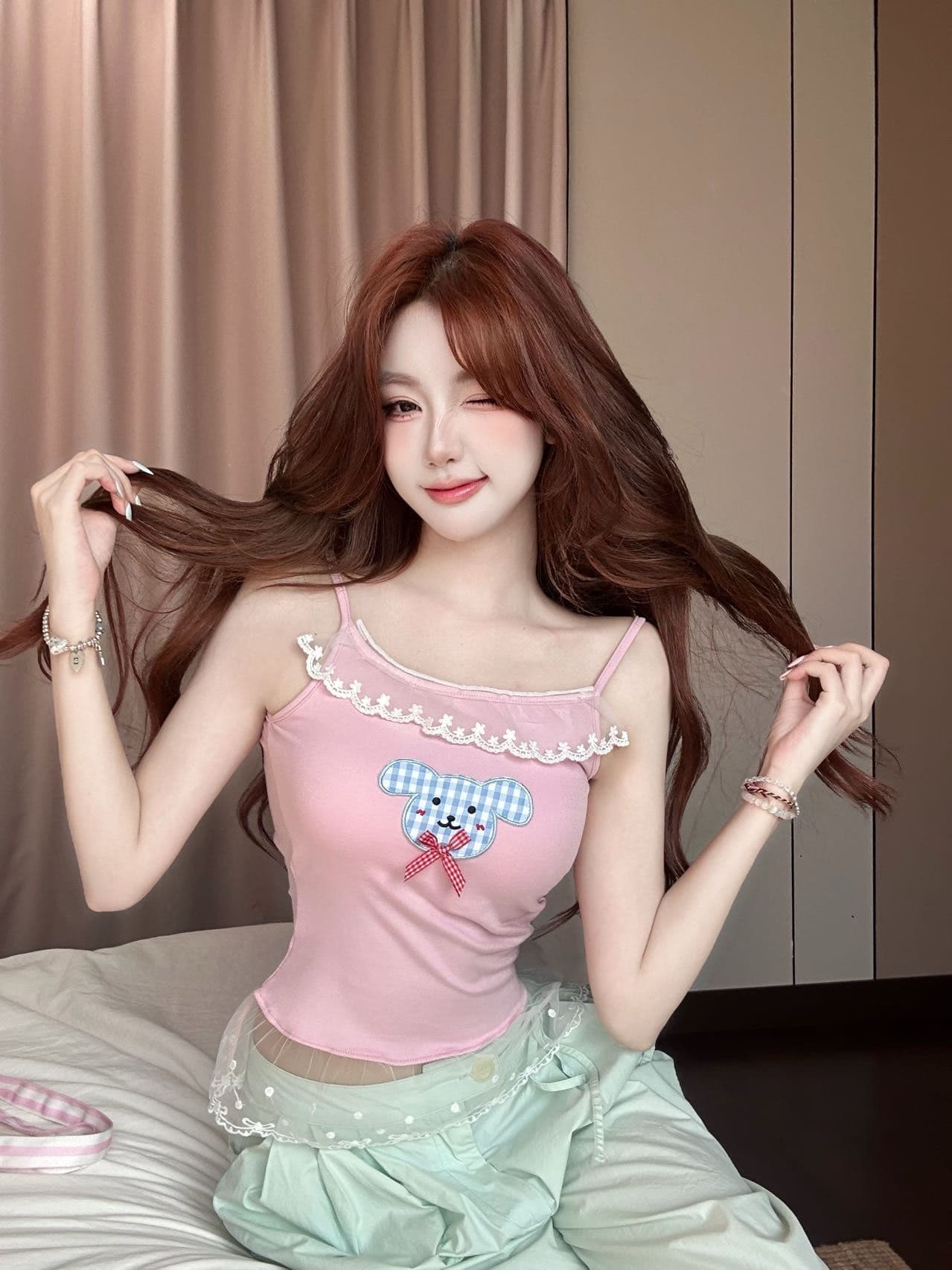 새로운 작은 대중 핫걸 k 만화 프린트 슬립 여성 허리 수축 여름 몸매 가꾸기 슬림해 보이는 벨트 가슴 패드 인사이드 가져 가라. 튜브탑 상세 이미지 23