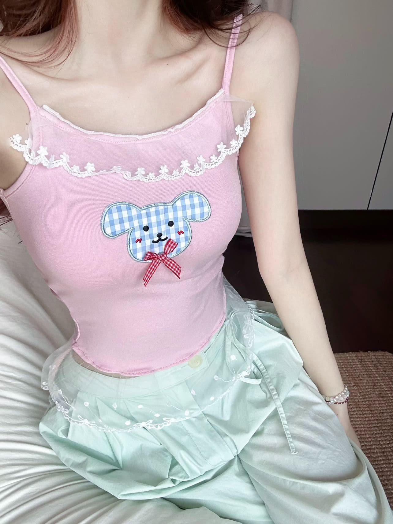 새로운 작은 대중 핫걸 k 만화 프린트 슬립 여성 허리 수축 여름 몸매 가꾸기 슬림해 보이는 벨트 가슴 패드 인사이드 가져 가라. 튜브탑 상세 이미지 35