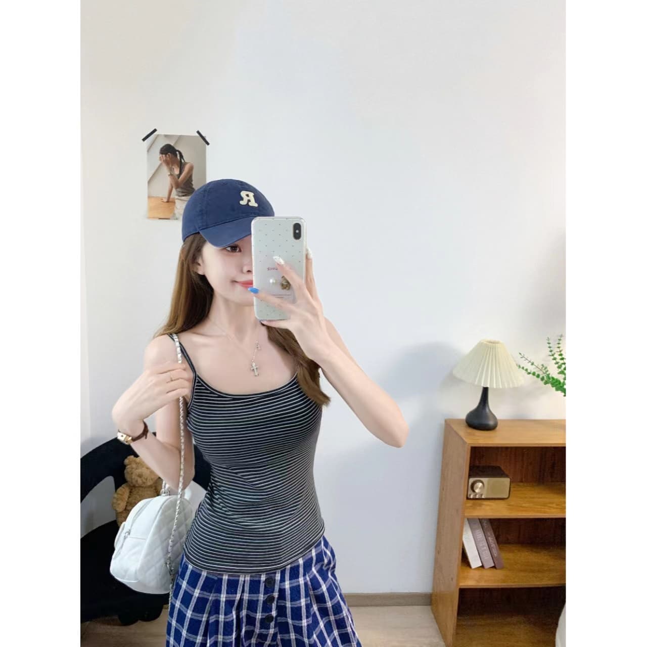 캐주얼 바람 작은 대중 디자인 만지기 면 스트라이프 캐미솔 벨트 가슴 패드 이미지 2