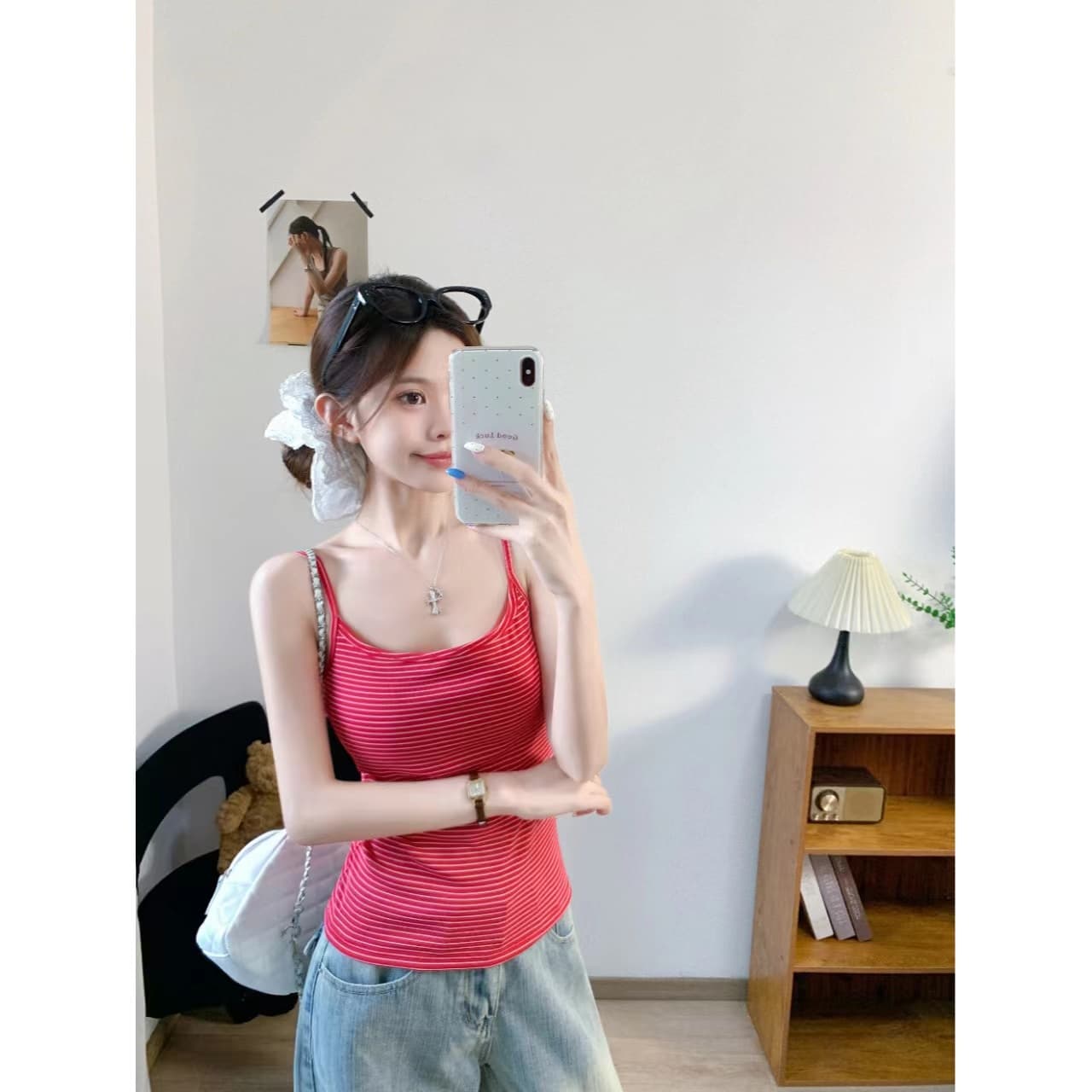 캐주얼 바람 작은 대중 디자인 만지기 면 스트라이프 캐미솔 벨트 가슴 패드 상세 이미지 4