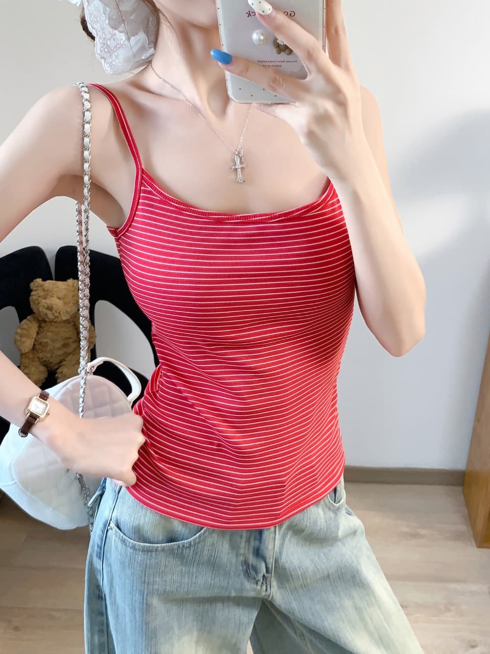 캐주얼 바람 작은 대중 디자인 만지기 면 스트라이프 캐미솔 벨트 가슴 패드 상세 이미지 12