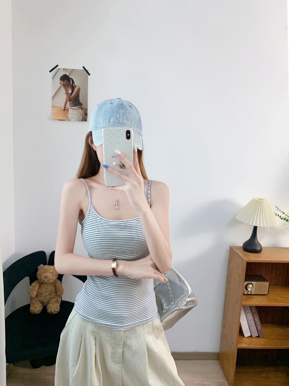 캐주얼 바람 작은 대중 디자인 만지기 면 스트라이프 캐미솔 벨트 가슴 패드 상세 이미지 22