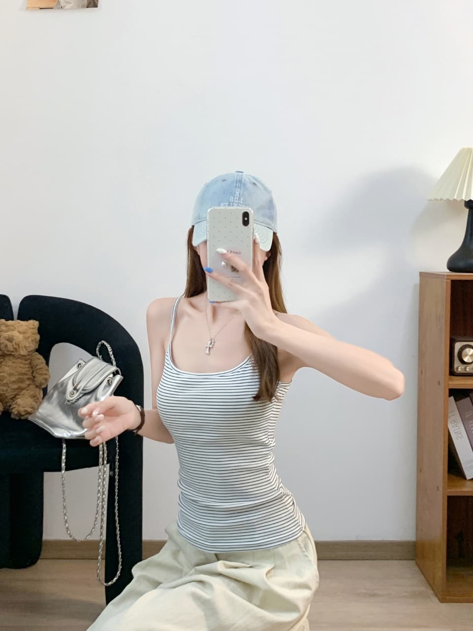 캐주얼 바람 작은 대중 디자인 만지기 면 스트라이프 캐미솔 벨트 가슴 패드 상세 이미지 23