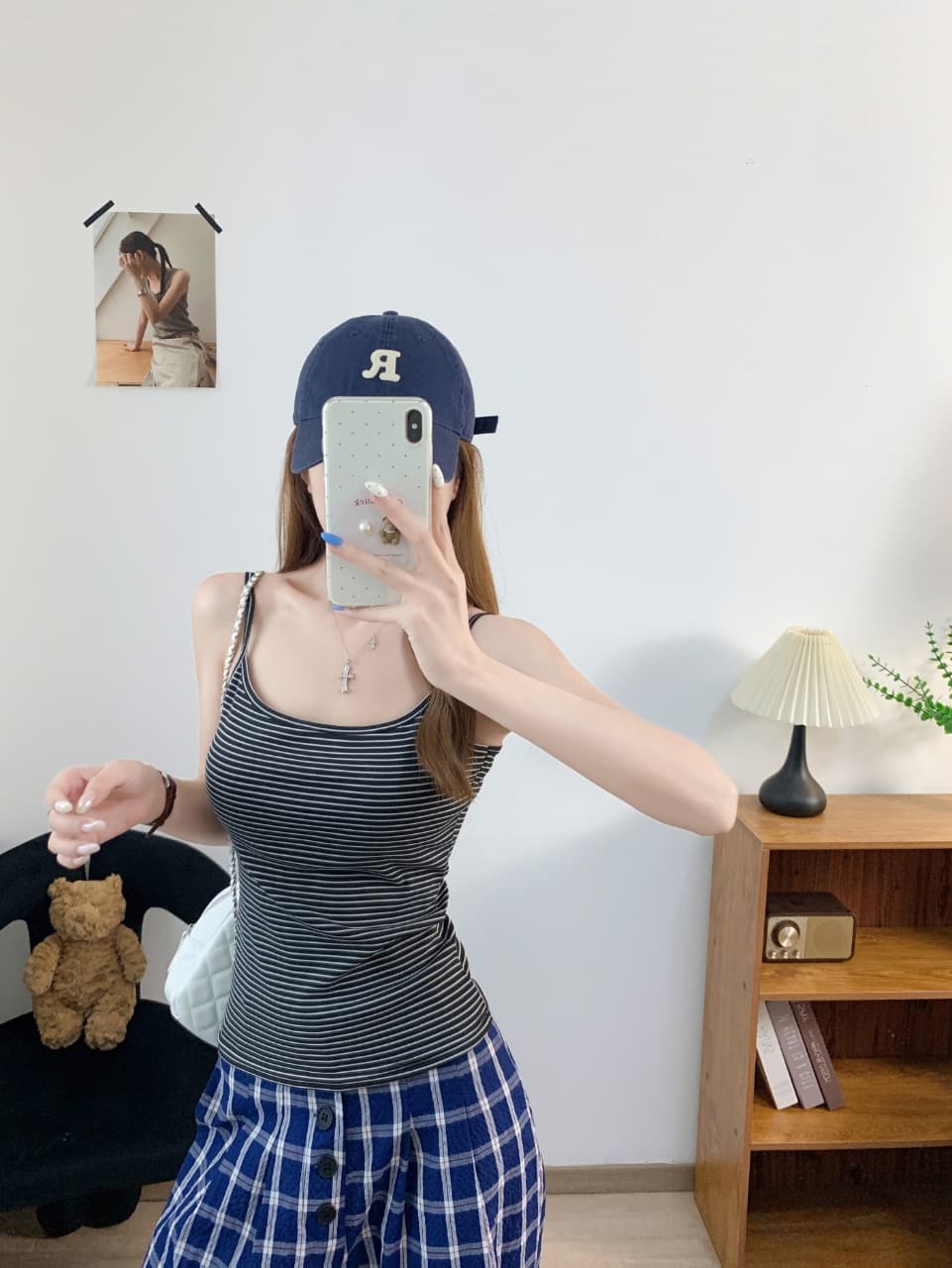 캐주얼 바람 작은 대중 디자인 만지기 면 스트라이프 캐미솔 벨트 가슴 패드 상세 이미지 25