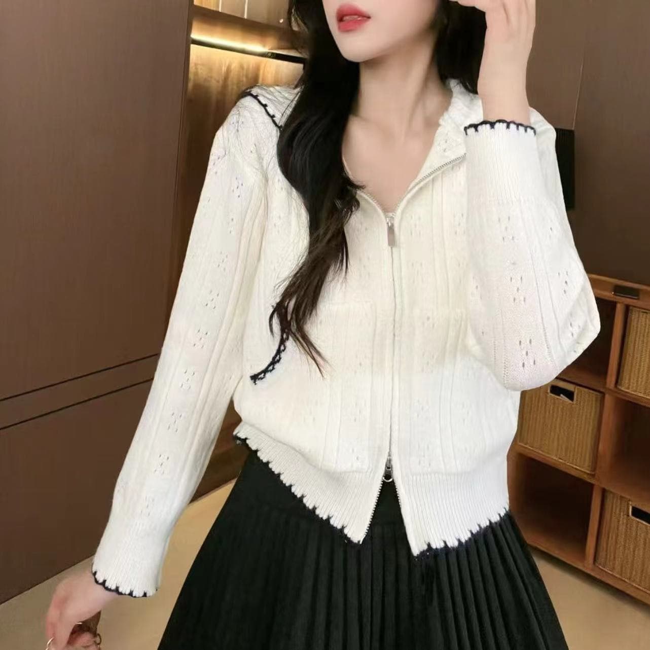 한 부서 조기 가을 홀로우 아웃 후드 화이트 니트 오픈 가디건 스웨터 여자 루즈핏 느긋한 캐주얼 얇고 가벼운 재킷 맨위 이미지 5