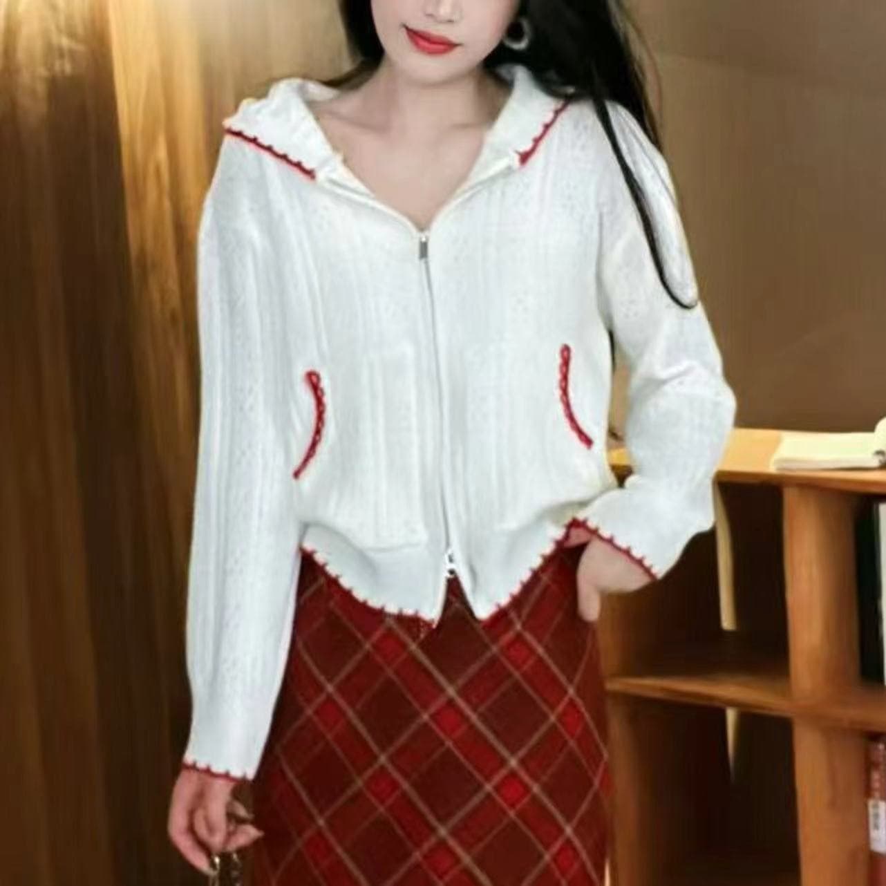 한 부서 조기 가을 홀로우 아웃 후드 화이트 니트 오픈 가디건 스웨터 여자 루즈핏 느긋한 캐주얼 얇고 가벼운 재킷 맨위 이미지 4