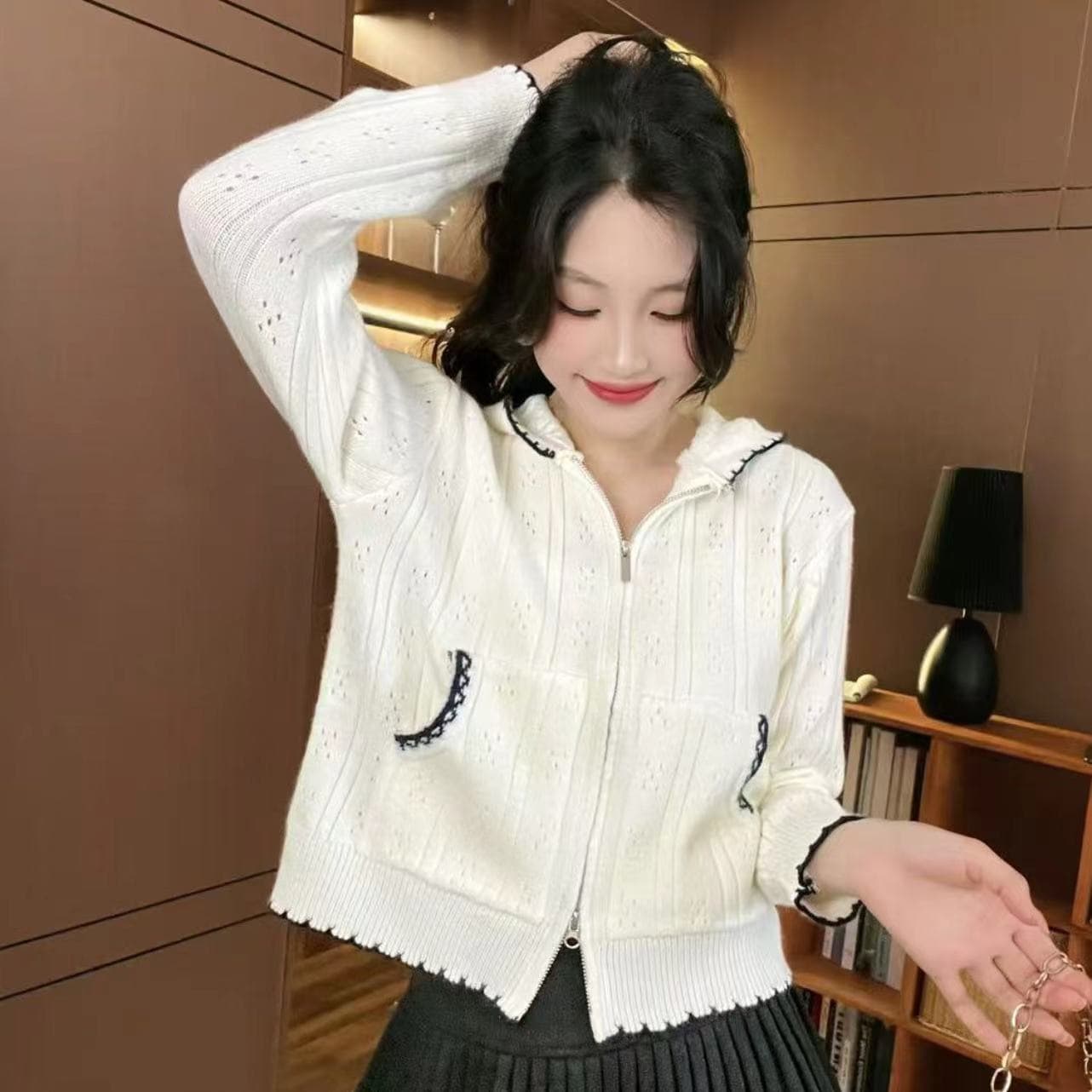 한 부서 조기 가을 홀로우 아웃 후드 화이트 니트 오픈 가디건 스웨터 여자 루즈핏 느긋한 캐주얼 얇고 가벼운 재킷 맨위 이미지 3