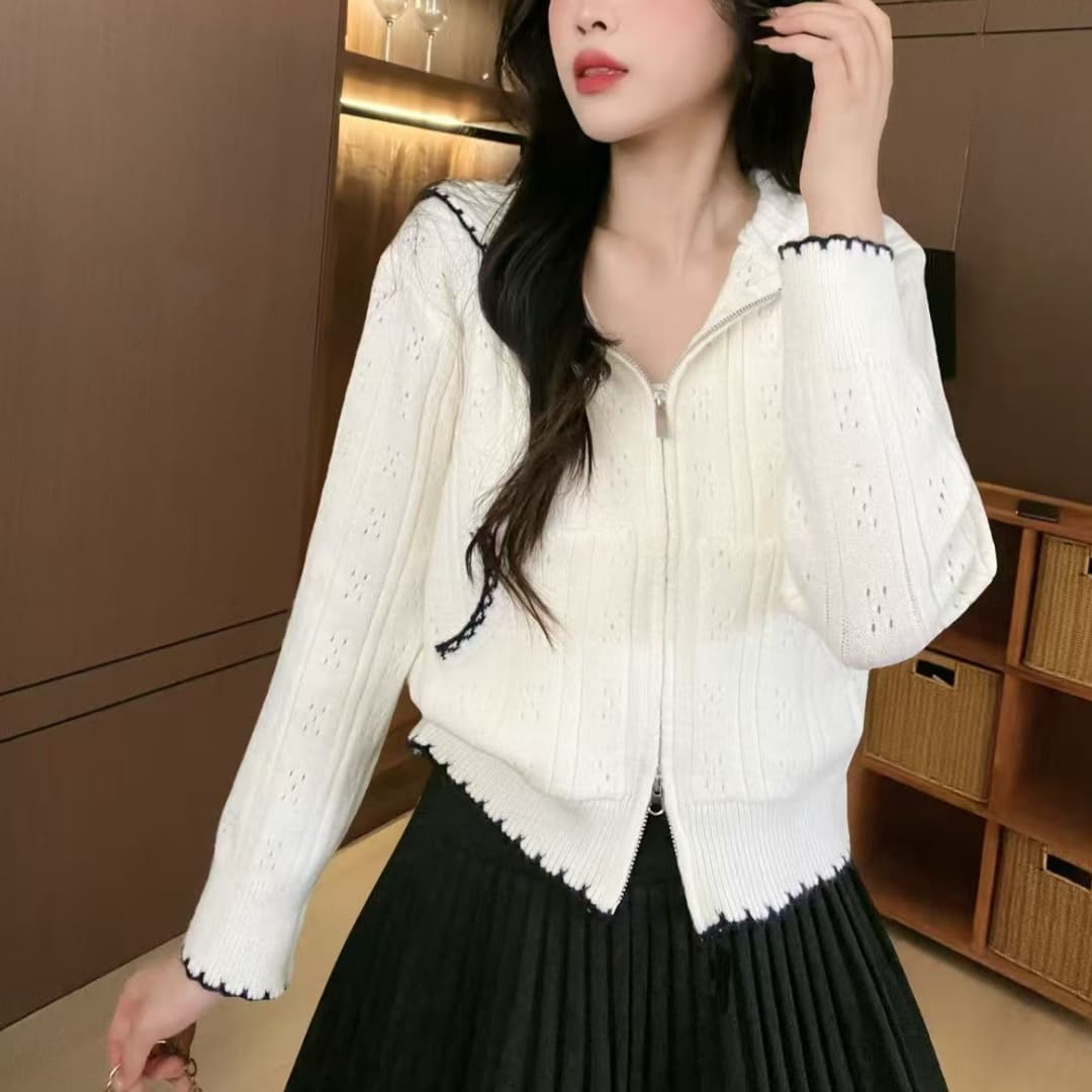 한 부서 조기 가을 홀로우 아웃 후드 화이트 니트 오픈 가디건 스웨터 여자 루즈핏 느긋한 캐주얼 얇고 가벼운 재킷 맨위 상세 이미지 3